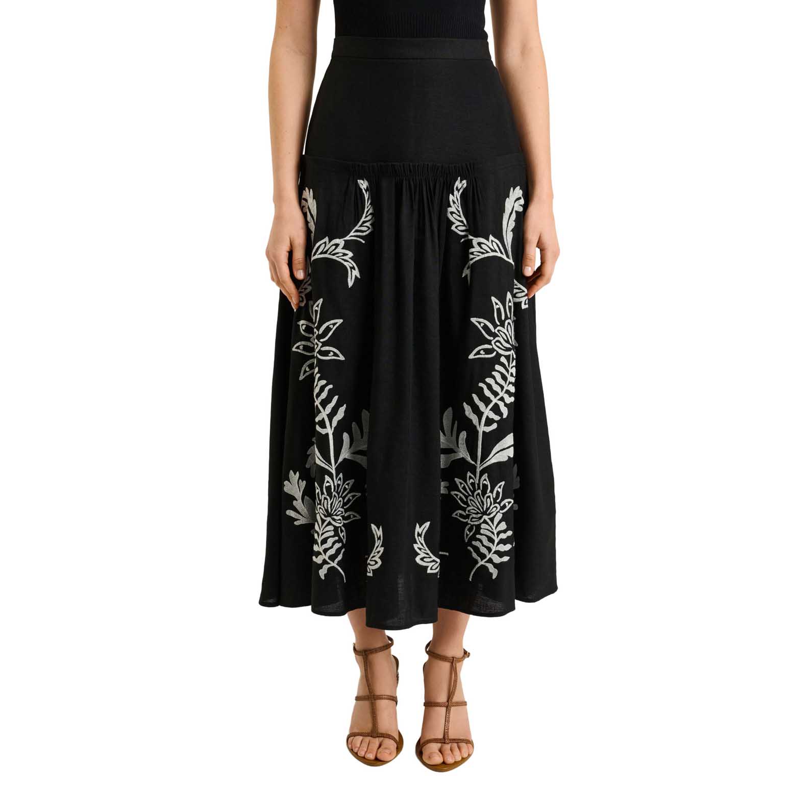 Veronika Maine Filigree Foliage Embroidered Midi Skirt